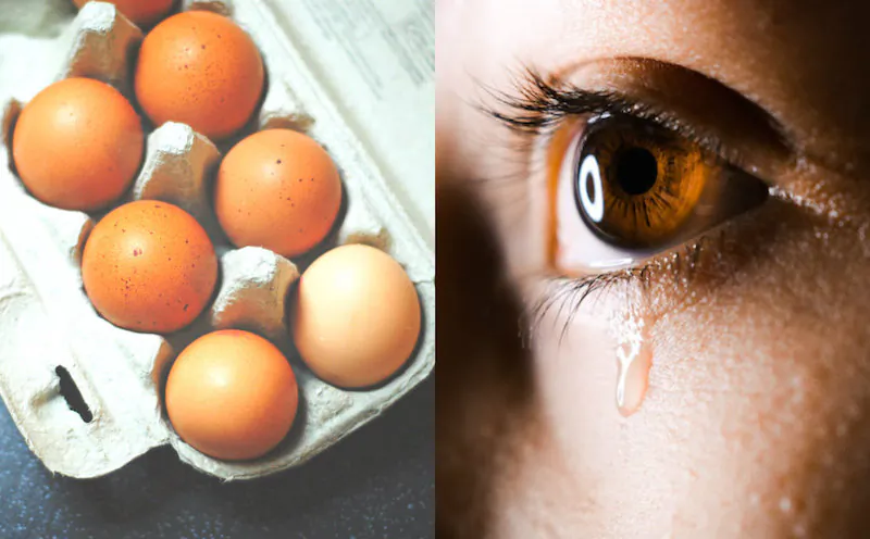 A teenager in England suffered excruciating pain after an egg she had cooked in the microwave exploded in her face, causing her to be blinded temporarily. L: Seven brown eggs on tray (Hello I'm Nik/Unsplash) R: close-up photo of human eye with tear drops. (Aliyah Jamous/Unsplash)