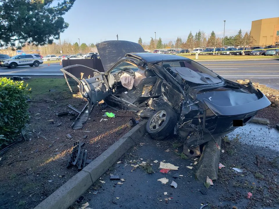 The wreckage of a Honda when first responders freed a woman trapped after her ex-boyfriend T-boned her car at 50 mph in Parkland, Pierce County, Washington, on Dec. 30, 2018. (Pierce County Sheriff)