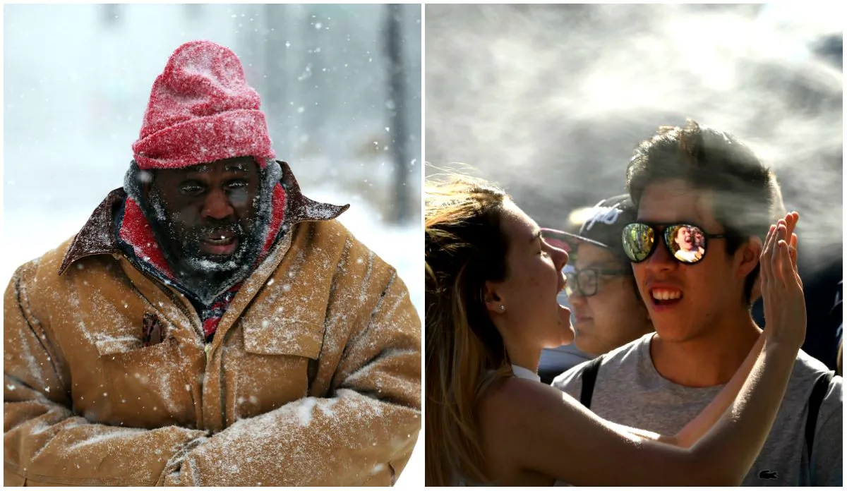 A homeless man (L) walks through the snowy streets of Boston, United States, on Jan. 4, 2018. (Spencer Platt/Getty Images) and a spectator (R) cools off at the Australian Open tennis competition in Melbourne, Australia, on Jan. 16, 2018. (William West/AFP/Getty Images)