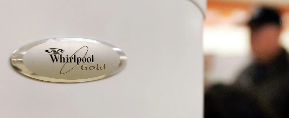 A Whirlpool logo is seen seen on a refrigerator at a Sears store in Niles, Illinois on May 12, 2006. (Tim Boyle/Getty Images)