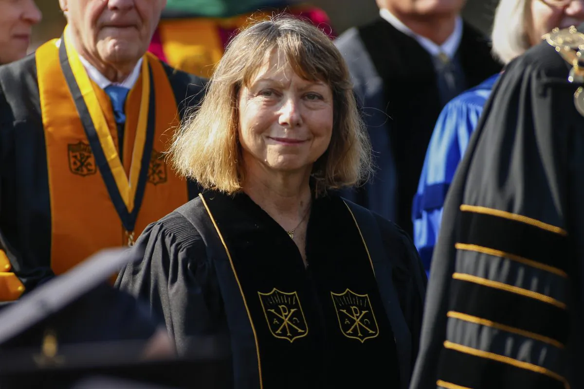 Jill Abramson, former executive editor at the New York Times walks in with faculty and staff during commencement ceremonies for Wake Forest University in Winston Salem, N.C., on May 19, 2014. (Chris Keane/Getty Images)