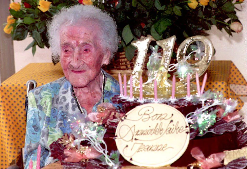 Jeanne Calment, the world's oldest woman according to the Guinness Book of Records celebrates her 119 birthday in France, Feb. 21, 1994. (Eric Cabanis/AFP/Getty Images)