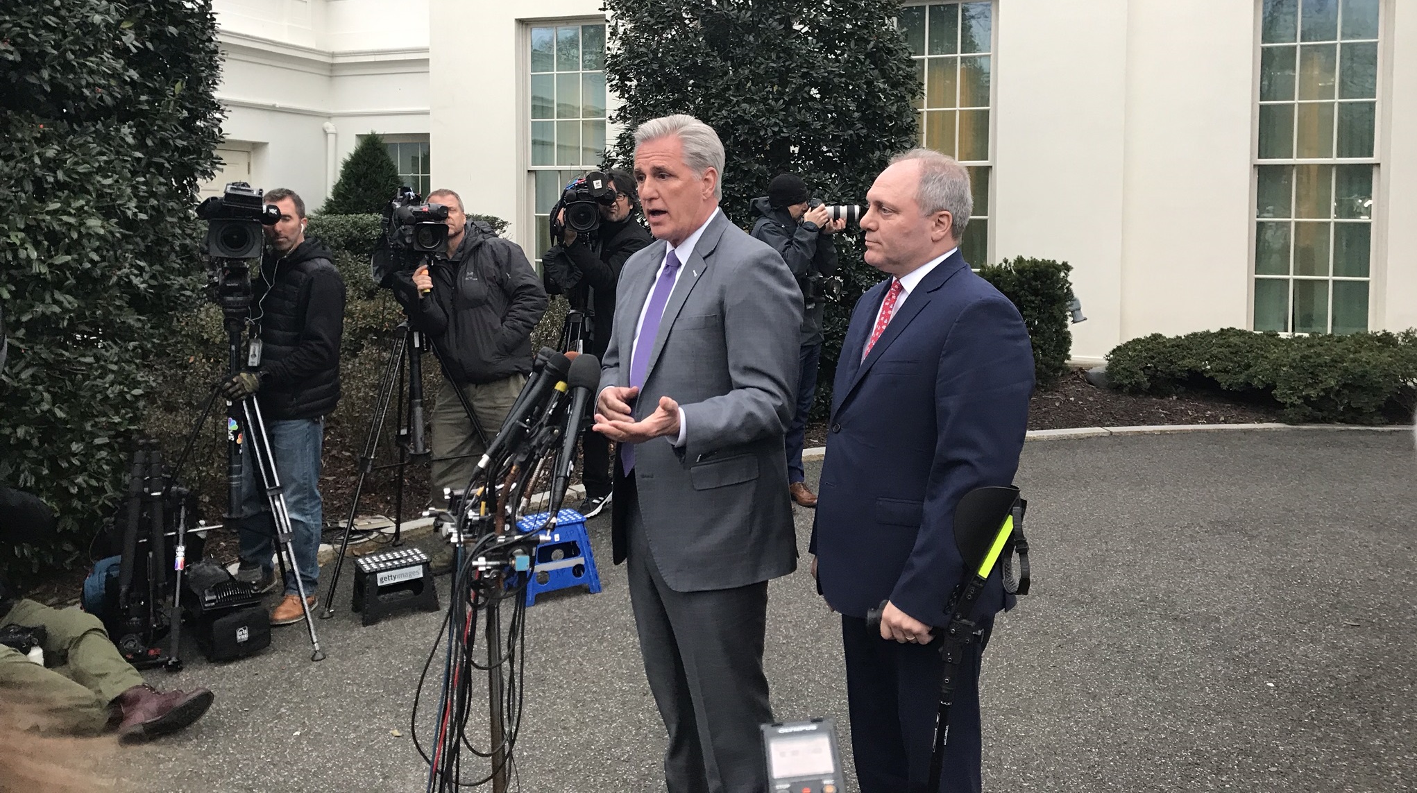 Reps Kevin McCarthy and Steve Scalise talk to media after a White House briefing in Washington
