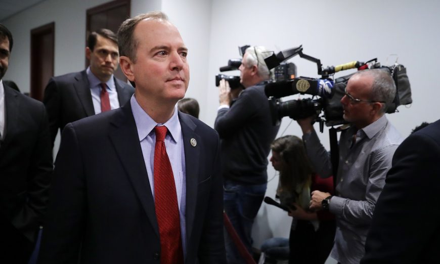 Then-House Intelligence Committee ranking member Rep. Adam Schiff (D-Calif.) arrives for a Democratic caucus meeting in the U.S. Capitol Visitors Center  in Washington on Nov. 14, 2018. (Chip Somodevilla/Getty Images)