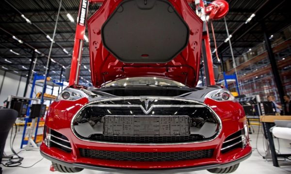 Fully electric Tesla car on the assembly line