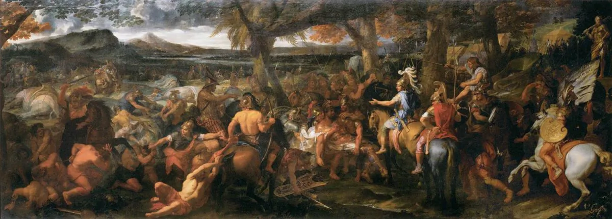 Alexander, in blue, is considered one of greatest military commanders of all time. His ideal self was the great warrior Achilles. “Alexander and Porus,” 1665, by Charles le Brun. Louvre. (Public Domain)