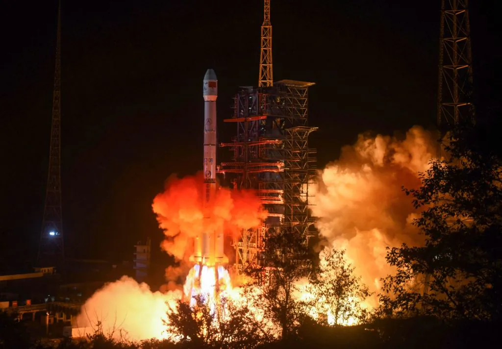A Long March 3B rocket lifts off from the Xichang launch center in Xichang in China's southwestern Sichuan Province early on Dec. 8, 2018. (STR/AFP/Getty Images)