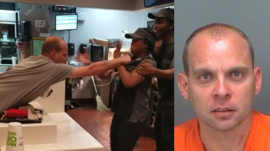 (L) An aggressive McDonald’s customer is engaged in a violent altercation with a female employee in St. Petersburg, Fla. on Dec. 31, 2018. (R) Police booking photo of Daniel Taylor, who faces two counts of battery in connection with the incident.
(Brenda Biandudi via Storyful; Pinellas County Sheriff’s Office)