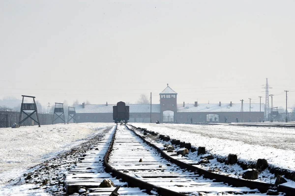 View of the railway tracks at the former Nazi concentration camp Auschwitz-Birkenau in Oswiecim, Poland, on Holocaust Day, January 27, 2014. (Janek Skarzynski/AFP/Getty Images)