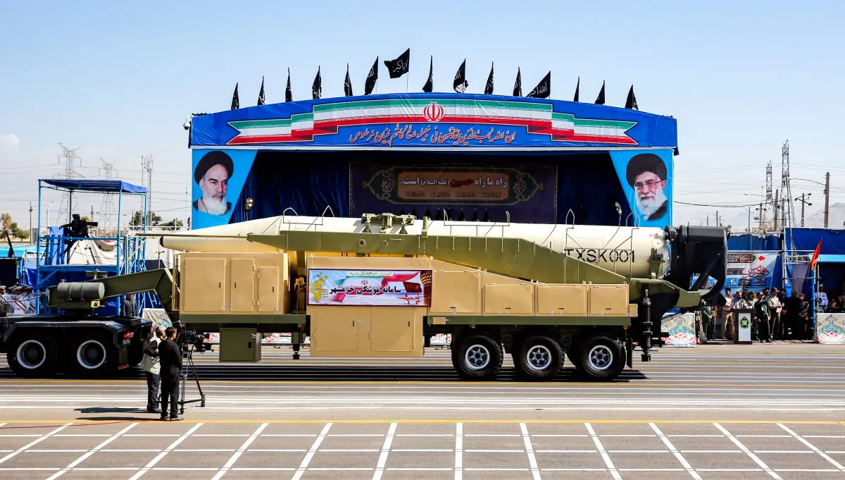 The long-range Iranian missile, Khoramshahr, is displayed during an annual military parade marking the anniversary of the outbreak of the devastating 1980-88 war with Saddam Hussein's Iraq, in the capital Tehran, on Sept. 22, 2018. (STR/AFP/Getty Images)