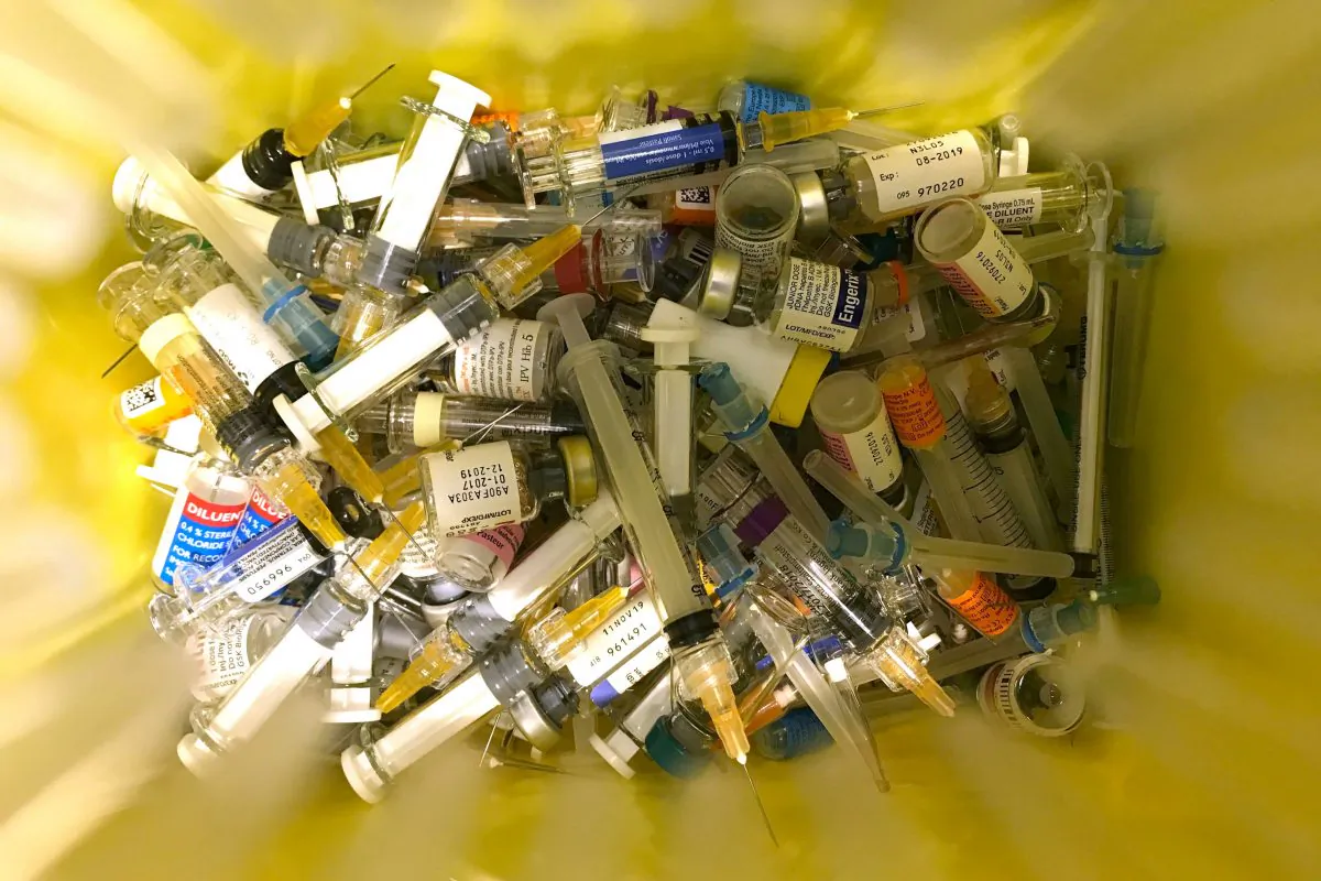 A container used for clinical waste is seen at a private clinic that performs vaccinations in Hong Kong on July 24, 2018. (ANTHONY WALLACE/AFP/Getty Images)
