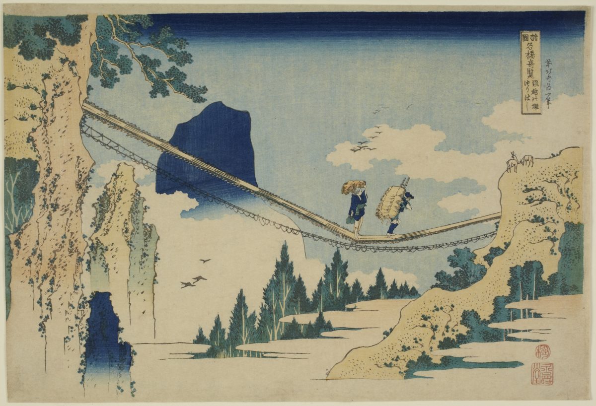 Two people on hanging bridge in Japan
