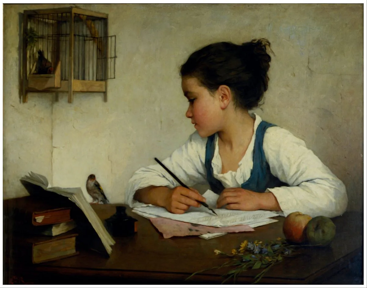 “A Girl Writing; The Pet Goldfinch” by Henriette Browne. (Public Domain)