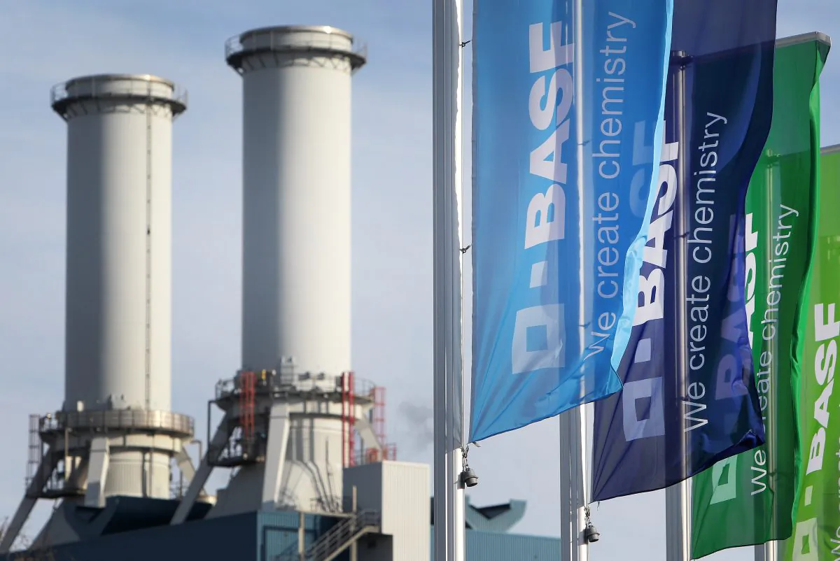 Flags with the logo of German chemicals company BASF flutter in front of the company's headquarters in Ludwigshafen, western Germany, on Feb. 24, 2017.
(Daniel Roland/AFP/Getty Images)