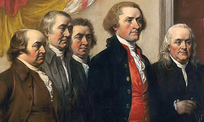 A detail from the painting “Declaration of Independence” by John Trumbull (1826), depicting the Committee of Five: (L–R) John Adams, Robert Livingston, Roger Sherman, Thomas Jefferson, and Benjamin Franklin. (Public Domain)