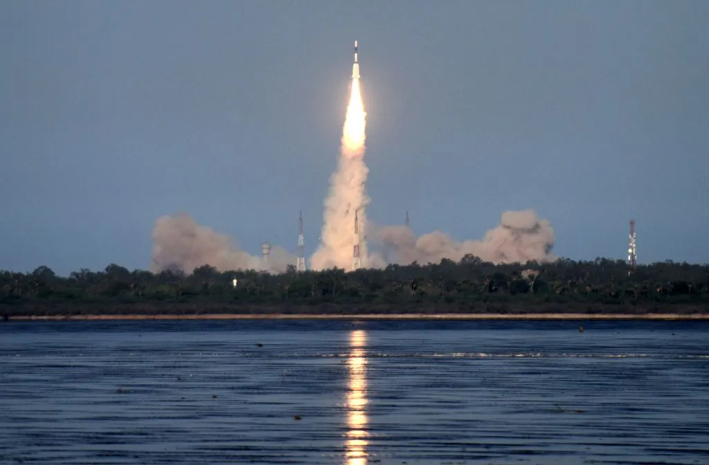 The Indian Space Research Organization's (ISRO) GSAT-9 onboard the Geosynchronous Satellite Launch Vehicle (GSLV-F09), launches in Sriharikota in the state of Andhra Pradesh on May 5, 2017. (Arun Sankar/AFP/Getty Images)