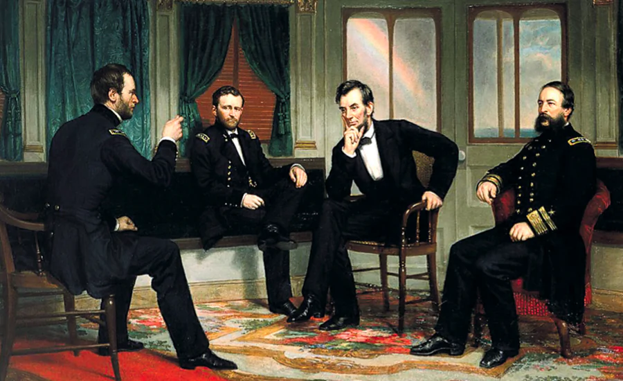 “The Peacemakers” by George Peter Alexander Healy (1868), depicting (L–R) Maj. Gen. William Sherman, Gen. Ulysses Grant, President Abraham Lincoln, and Rear Adm. David Porter. (Public Domain)