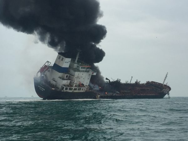 An oil tanker on fire
