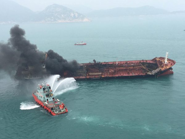 An oil tanker on fire 