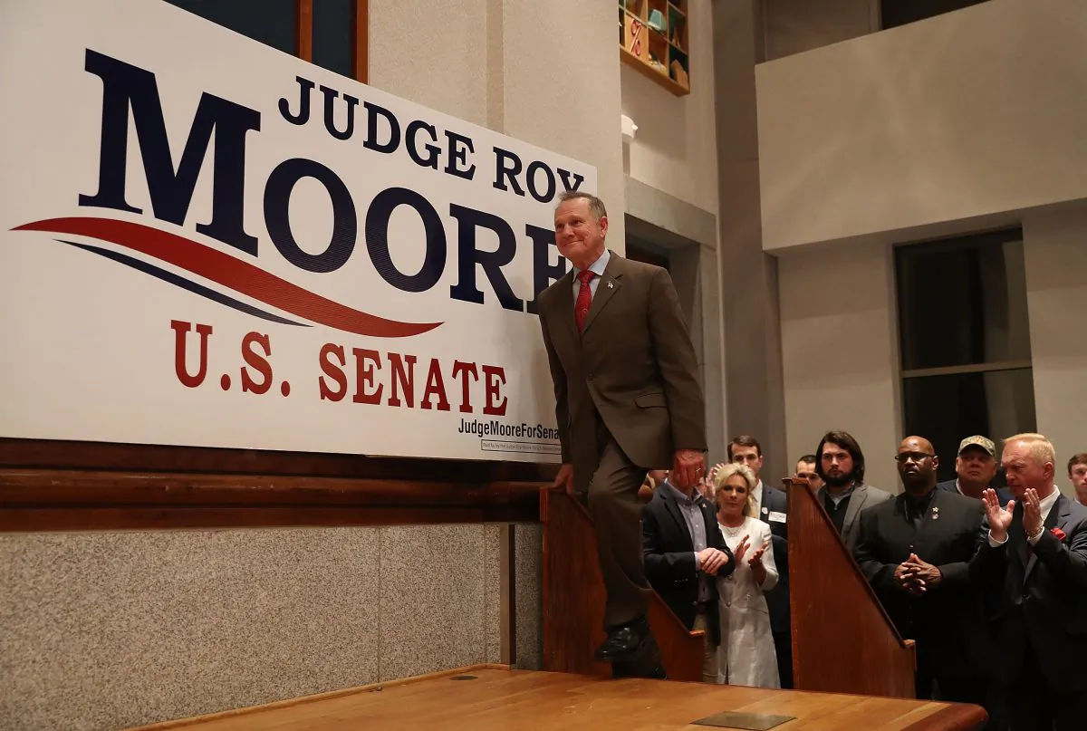 Republican Senatorial candidate Roy Moore arrives on stage to speak about the race against his Democratic opponent Doug Jones in Montgomery, Alabama, on Dec. 12, 2017. (Joe Raedle/Getty Images)