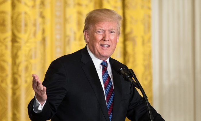 President Donald Trump speaks in the East Room of the White House in Washington on April 3, 2018. (Samira Bouaou/The Epoch Times)
