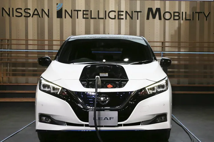 Nissan LEAF e+ is on display at the global headquarters of Nissan Motor Co., Ltd. in Yokohama, on Jan. 9, 2019. (Koji Sasahara/AP Photo)