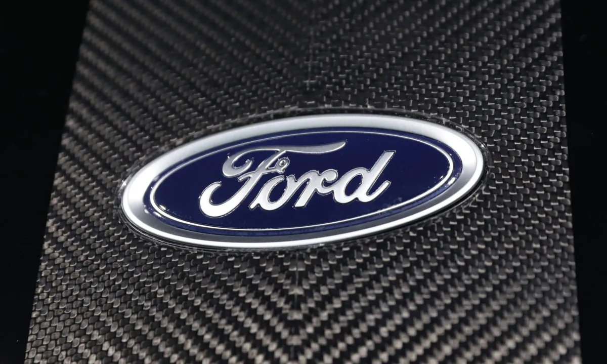 The Ford logo at the New York Auto Show in Manhattan, NY on March 29, 2018. (Shannon Stapleton/Reuters)