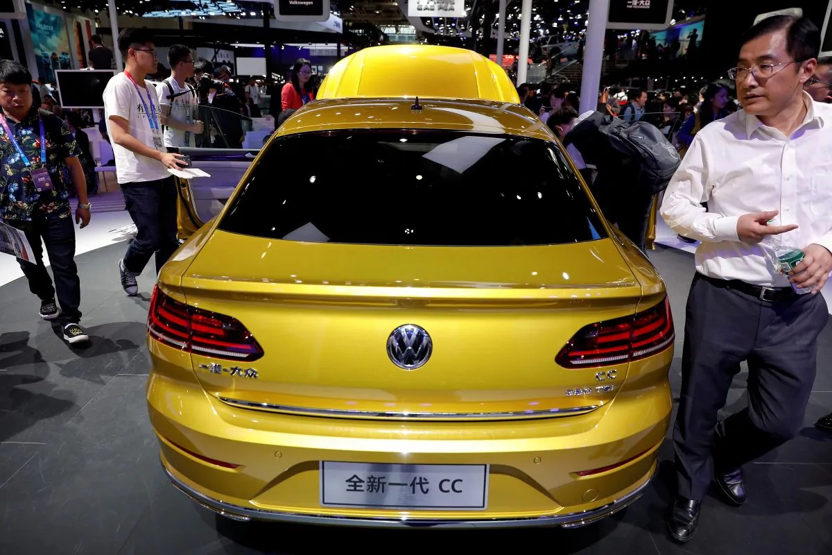 The new Volkswagen CC is displayed during a media preview of the Auto China 2018 motor show in Beijing on April 25, 2018. (Damir Sagolj/Reuters)