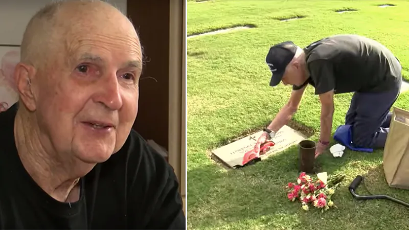(L) Ted shows old photo of himself and his wife KNOE 8 News; (R) He has been visiting her grave for the past 5 years. (YouTube Screenshot | CBS 17)