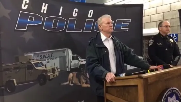 File photo of Chico Police Department Chief Michael O'Brien and Butte County District Attorney Michael L. Ramsey at a press conference in 2017. (Chico Police Department)
