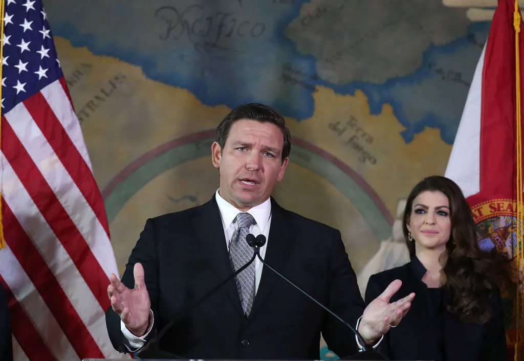 Newly sworn-in Gov. Ron DeSantis and his wife Casey DeSantis during an event at the Freedom Tower where he named Barbara Lagoa to the Florida Supreme Court, on Jan. 9, 2019 in Miami. (Joe Raedle/Getty Images)