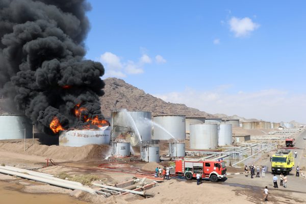 Storage tank on fire in Yemen