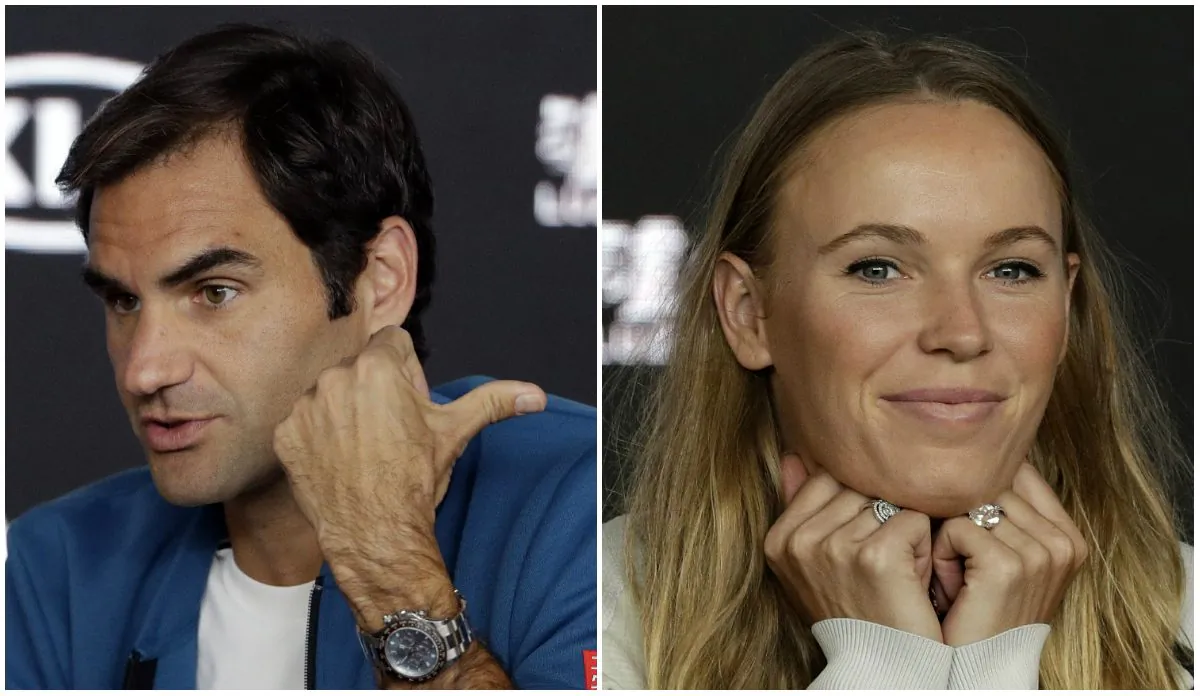 (L) Men's defending singles champion Switzerland's Roger Federer answers a question during a press conference at the Australian Open tennis championships in Melbourne, Australia, Jan. 13, 2019. (AP Photo/Mark Schiefelbein)
(R) Defending women's singles champion Denmark's Caroline Wozniacki answers questions during a press conference at the Australian Open tennis championships in Melbourne, Australia, Jan. 13, 2019. (AP Photo/Kin Cheung)