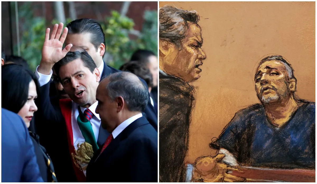 (L) Mexico's outgoing President Enrique Pena Nieto waves while arriving to the Congress on Dec. 1, 2018. (Carlos Jasso/Reuters)
(R) Defense attorney Jeffrey Lichtman (1st L) cross examines Alex Cifuentes, a close associate of the accused Mexican drug lord Joaquin "El Chapo" Guzman (not shown) in this courtroom sketch in Brooklyn federal court in New York, U.S., January 15, 2019. (Reuters/Jane Rosenberg)