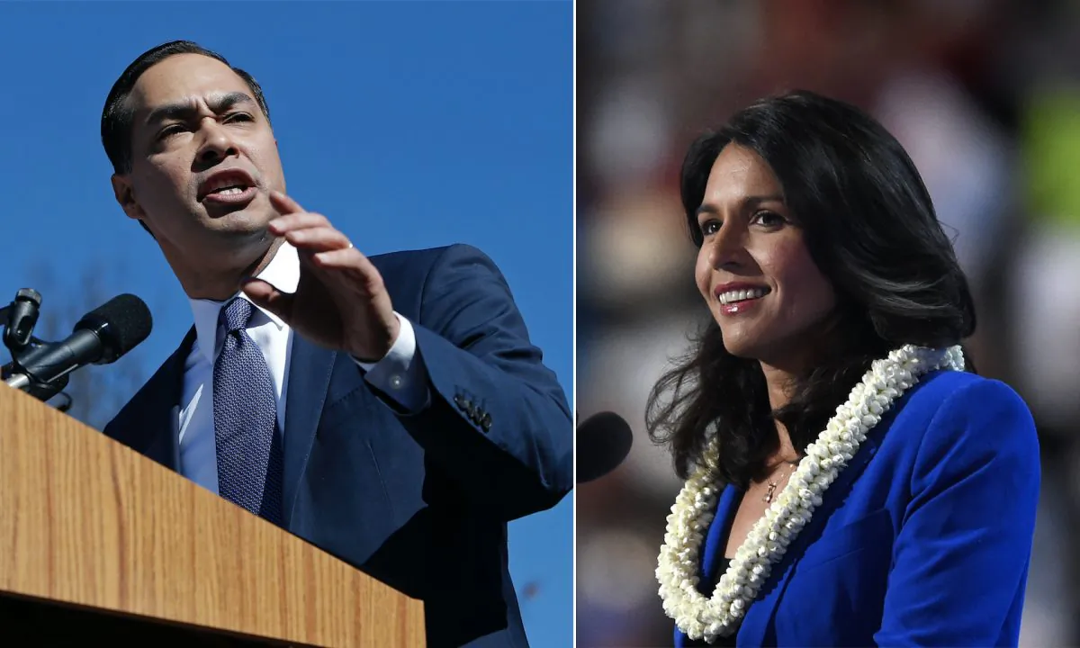 Julian Castro (L) announces his candidacy for president in 2020 at Plaza Guadalupe in San Antonio, Texas on Jan. 12, 2019. Representative Tulsi Gabbard (R) speaks at the Democratic National Convention at the Wells Fargo Center in Philadelphia, Pennsylvania on July 26, 2016. (Edward A. Ornelas/Getty Images; TIMOTHY A. CLARY/AFP/Getty Images)