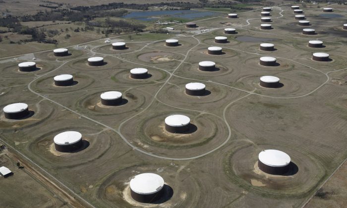 Crude oil storage tanks are seen from above at the oil hub, in Cushing, Okla., on March 24, 2016. (Nick Oxford/Reuters)