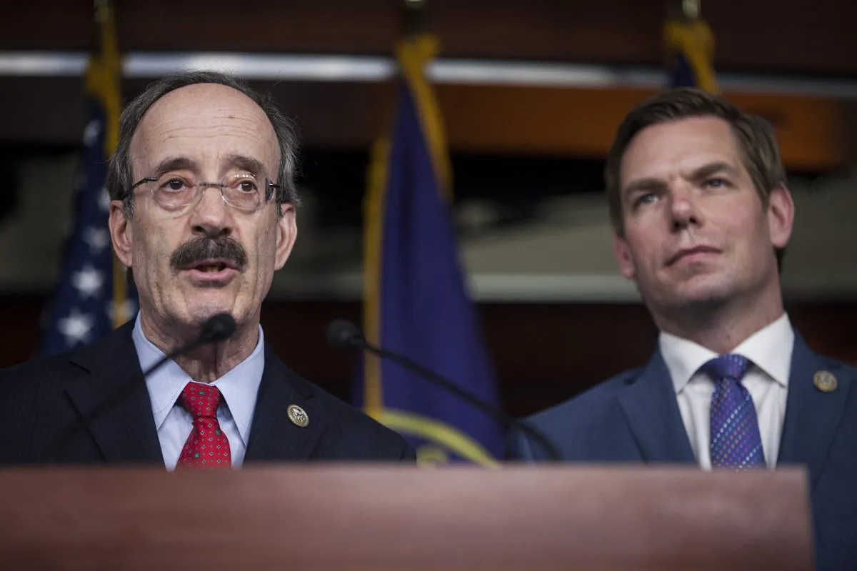 Rep. Elliot Engel (D-N.Y.) speaks during a news conference discussing new legislation on U.S. policy toward Russia on Capitol Hill in Washington, on April 5, 2017. Also pictured is Rep. Eric Swalwell (D-Calif.). (Zach Gibson/Getty Images)