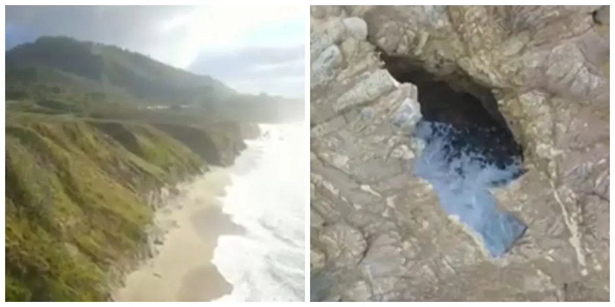 Aerial views of the coastline and blowhole where Braxton Cooper Stuntz slipped and fell on Jan. 12. (Monterey County Sheriff's Office /Screenshot)