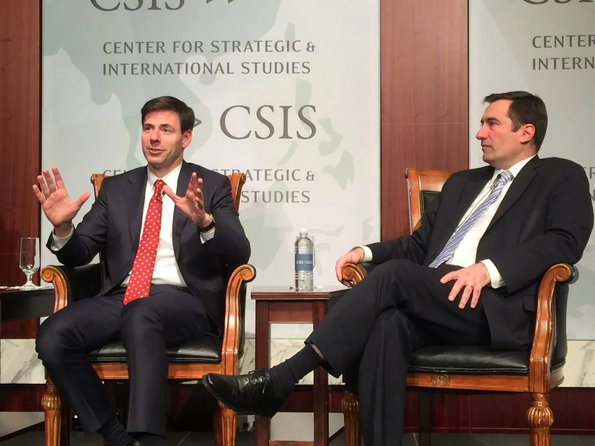 Former Assistant Attorney General John Carlin (L) and Assistant Attorney General John Demers appear in the panel "Dawn of the Code War" at the Center for Strategic and International Studies in Washington on Jan. 15, 2019. (Jennifer Zeng/The Epoch Times)