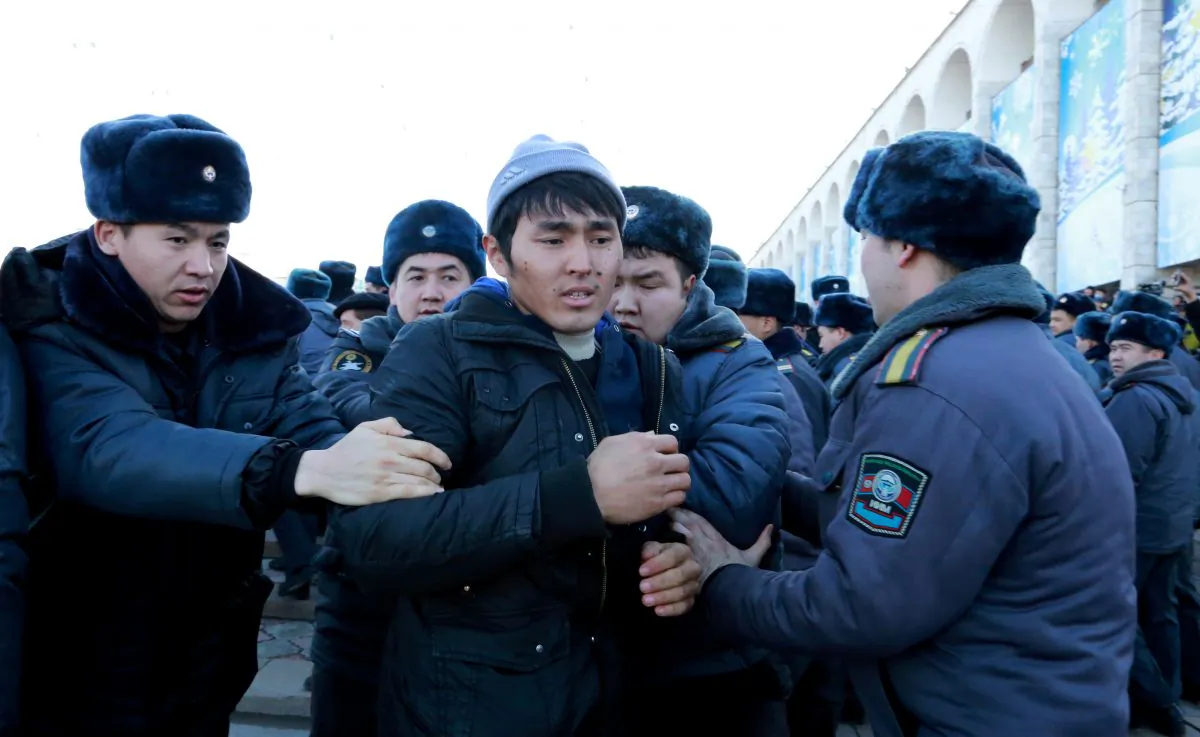 Police officers detain protester against the rising Chinese presence in the country in Bishkek, Kyrgyzstan on Jan. 17, 2019. (Reuters)