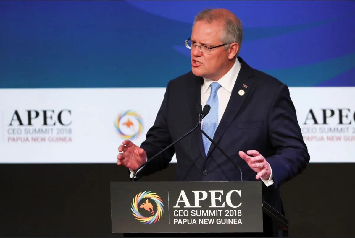 Prime Minister of Australia Scott Morrison reacts during the APEC CEO Summit 2018 at the Port Moresby, Papua New Guinea, 17 Nov. 2018. (Fazry Ismail/Pool via Reuters)