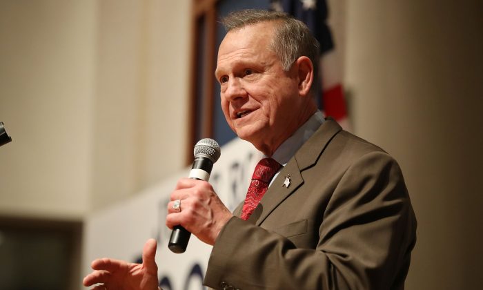 Republican Senate candidate Roy Moore speaks about the race against his Democratic opponent Doug Jones is too close and there will be a recount. (Photo by Joe Raedle/Getty Images)