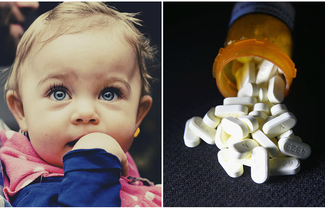 (L) Father holding his daughter. (Pixabay) (R) Oxycodone pain pills prescribed for a patient with chronic pain lie on display on March 23, 2016. (John Moore/Getty Images)