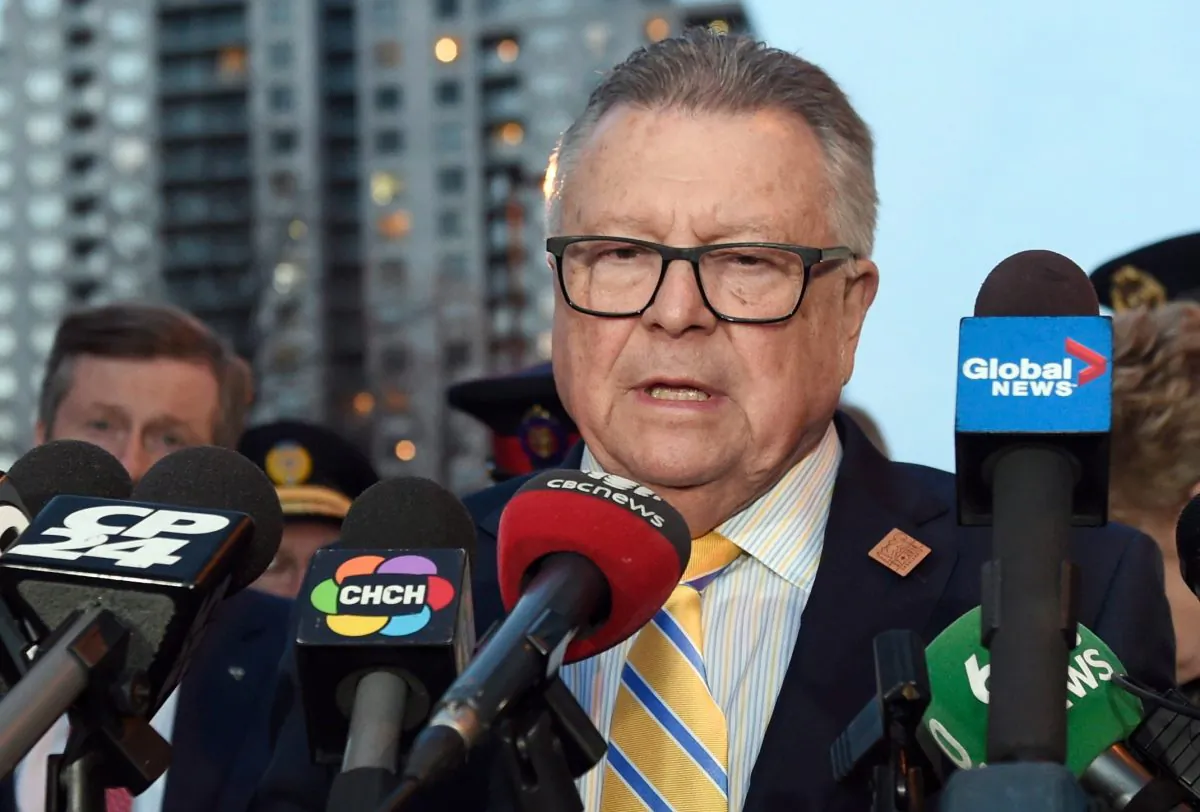 Canada's Public Safety Minister Ralph Goodale during a news conference in Toronto, on April 23, 2018. (Nathan Denette/The Canadian Press via AP)