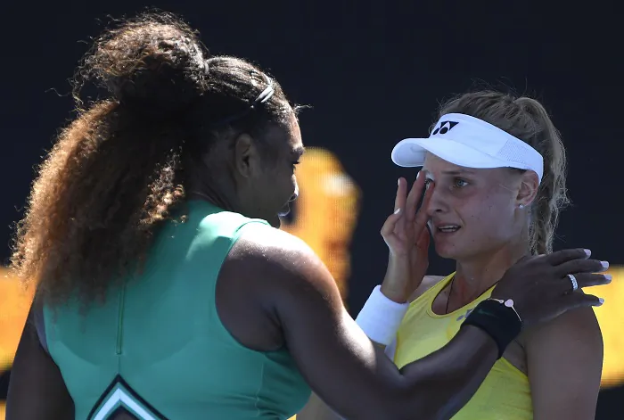 United States' Serena Williams consoles Ukraine's Dayana Yastremska after winning their third round match at the Australian Open tennis championships in Melbourne, Australia, on Jan. 19, 2019. (Andy Brownbill/AP Photo)