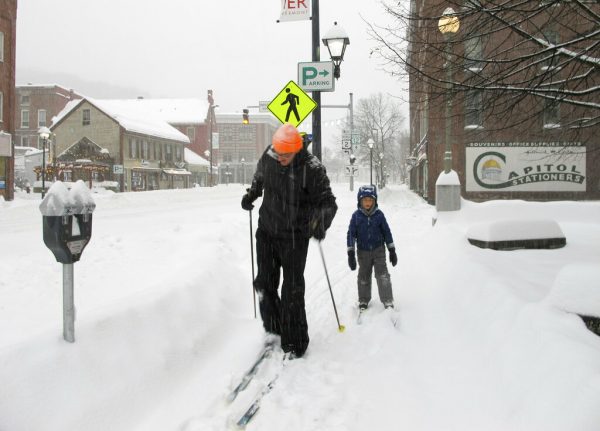 Nicholas Nicolet and his son Rocco cross-country ski