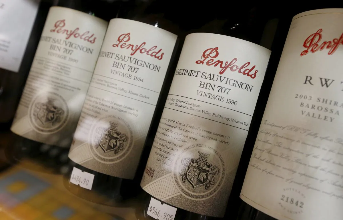 Bottles of Penfolds wines, one of the brands from the Treasury Wines group, are shown at a Sydney boutique wine store in Australia on Feb. 15, 2016. (Jason Reed/Reuters)
