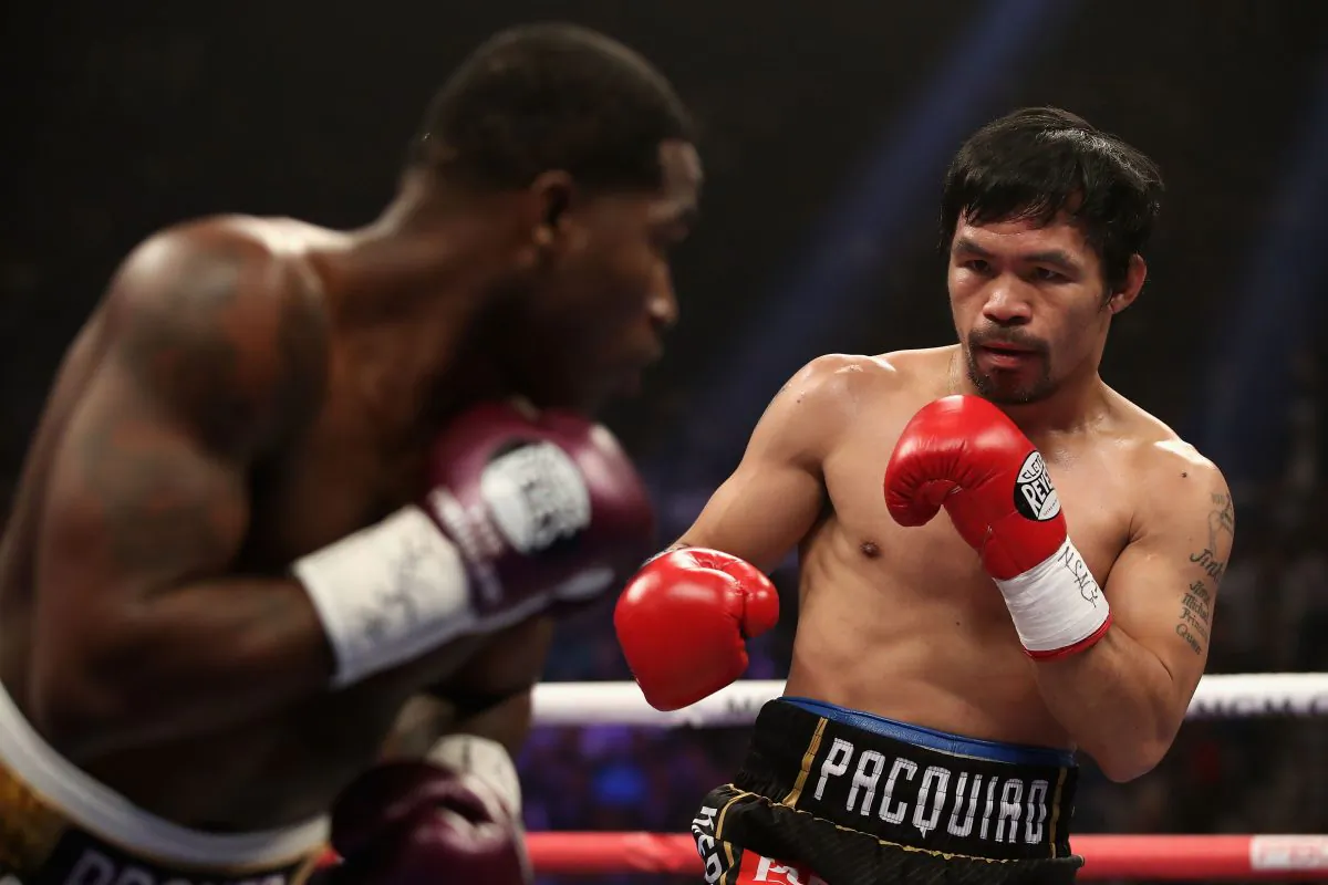 Manny Pacquiao (R) squares up with Adrien Broner during the WBA welterweight championship at MGM Grand Garden Arena in Las Vegas on Jan. 19, 2019. (Christian Petersen/Getty Images)