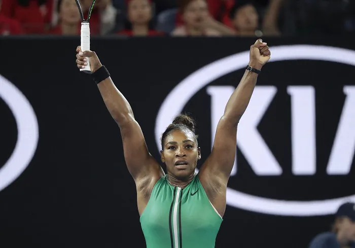 United States' Serena Williams celebrates after defeating Romania's Simona Halep in their fourth round match at the Australian Open tennis championships in Melbourne, Australia, on Jan. 21, 2019. (Kin Cheung/AP Photo)