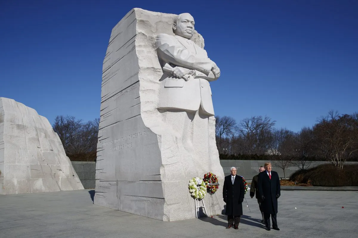 President Donald Trump (R) and Vice President Mike Pence (L) visit the Martin Luther King Jr. Memorial in Washington on Jan. 21, 2019. (Evan Vucci/AP Photo)
